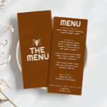 Western Burnt Orange Bull Skull Modern Wedding     Menu<br><div class="desc">A western burnt orange bold retro wedding dinner menu. Which features chic template design of boho vintage terracotta burnt orange  background and bright cream milky  typography and bold menu . And hand drawn tribal west bull cow skull in the back. Perfect and matching with the whole suite.</div>