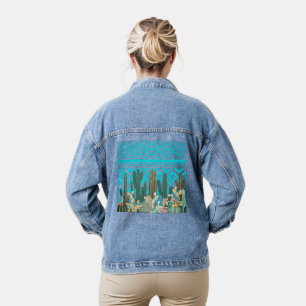 Western Cactus Garden with Tribal Motif Denim Jacket