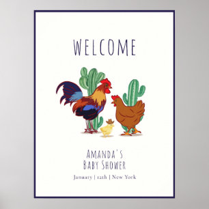 Western Cactus Rooster Chick Baby Shower Welcome Poster