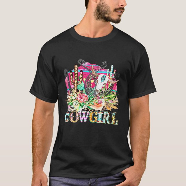 Western Cactus Texas Cowgirl Cow Bull Skull Rodeo  T-Shirt (Front)