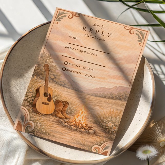 Western Campfire Guitar Meadow Wedding RSVP Card (Creator Uploaded)