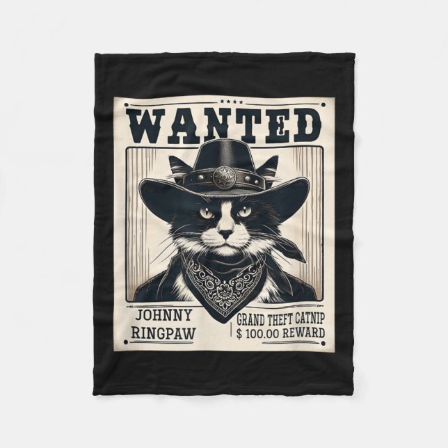 Western Cat Cowboy Mugshot Wanted  Fleece Blanket (Front)