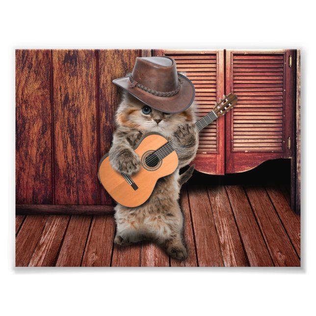Western Cat cowboy musician with guitar Photo Print (Front)