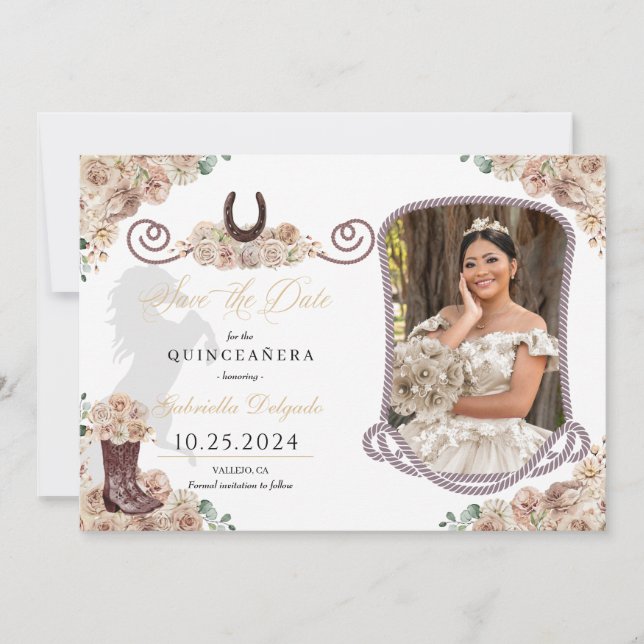 Western Champagne Quinceañera Save The Date Photo Invitation (Front)