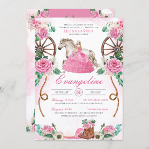 Western Charra Pink Rose Rustic Floral Quinceañera Invitation