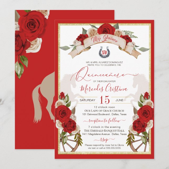 Western Charro Apple Red Horses Quinceanera Invitation (Front/Back)
