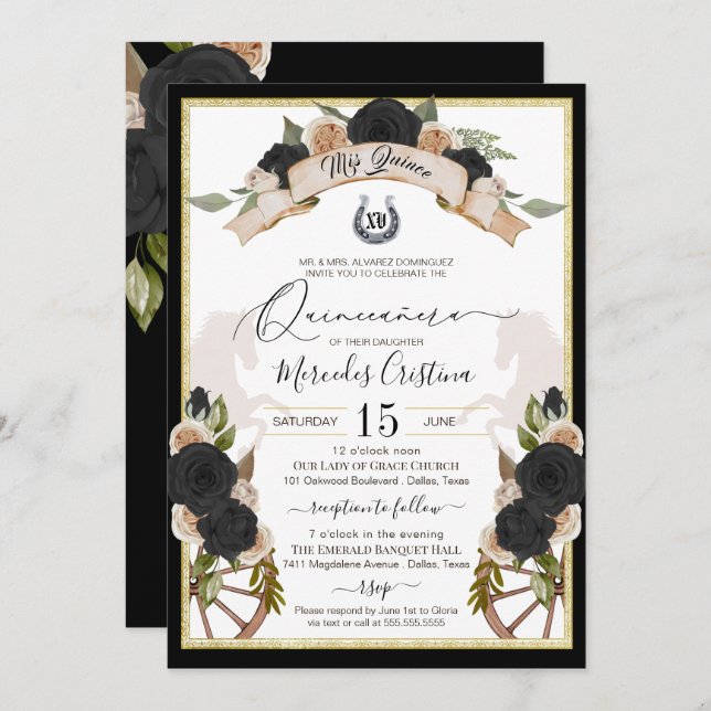 Western Charro Black Roses & Horses Quinceanera Invitation (Front/Back)