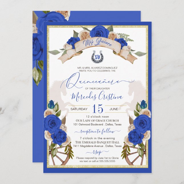 Western Charro Blue Rose Floral Horses Quinceanera Invitation (Front/Back)