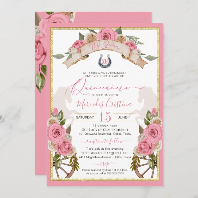 Western Charro Blush Pink Roses Horse Quinceañera Invitation (Front/Back)