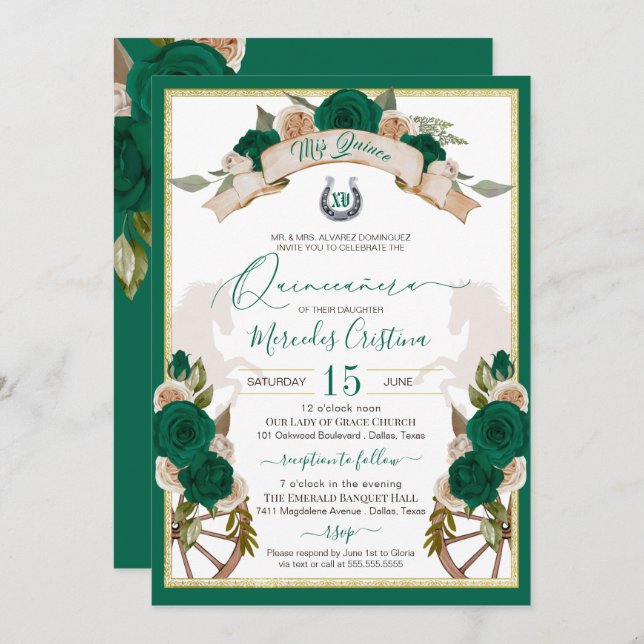 Western Charro Emerald Green Roses Quinceanera Invitation (Front/Back)