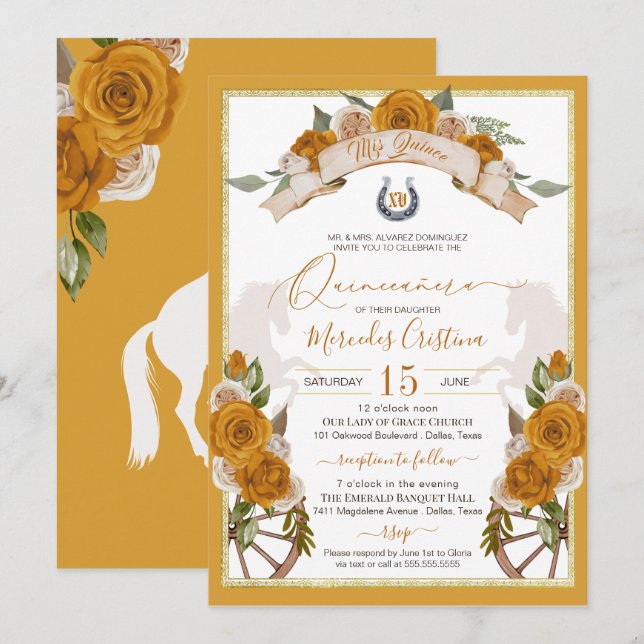 Western Charro Golden Yellow Roses Quinceanera Invitation (Front/Back)