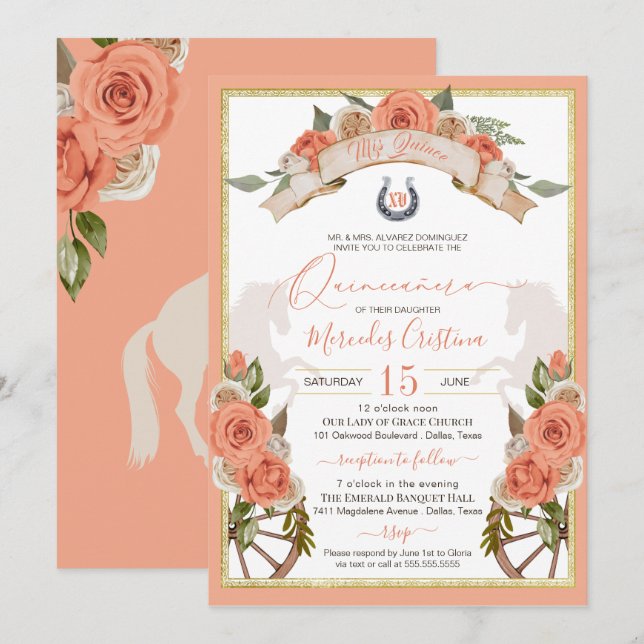 Western Charro Peach Roses Horse Quinceañera Invitation (Front/Back)