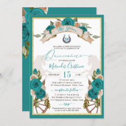 Western Charro Turquoise Teal Roses Quinceanera Invitation