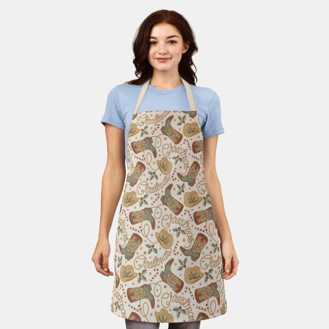 Western Christmas Boots and Hats Pattern Apron (Worn)