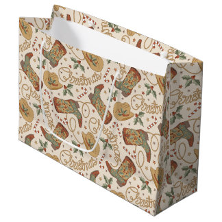 Western Christmas Boots and Hats Pattern Large Gift Bag