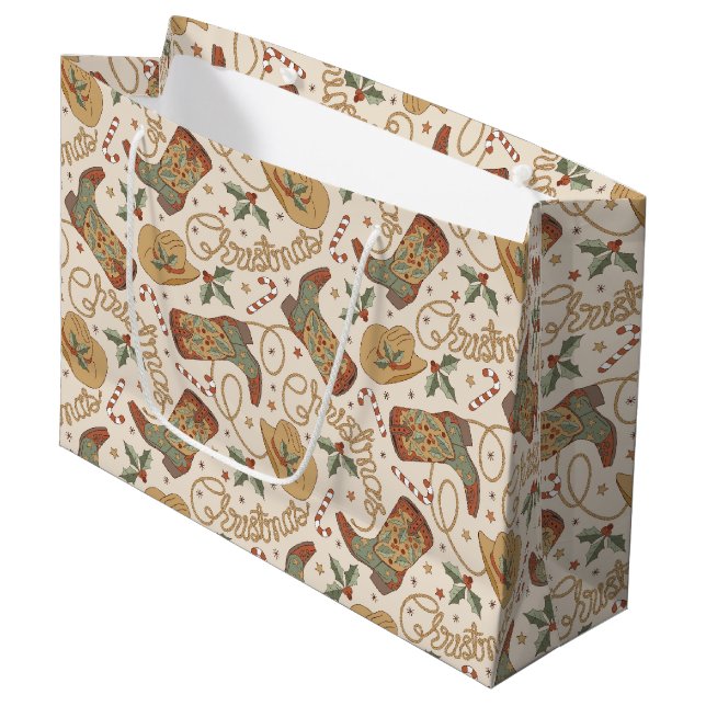 Western Christmas Boots and Hats Pattern Large Gift Bag (Front Angled)