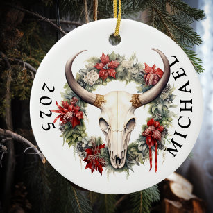 Western Christmas Cow Skull Monogram  Ceramic Tree Decoration