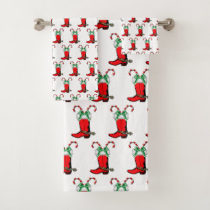 Western Christmas Cowboy Boot With Candy Canes   Bath Towel Set