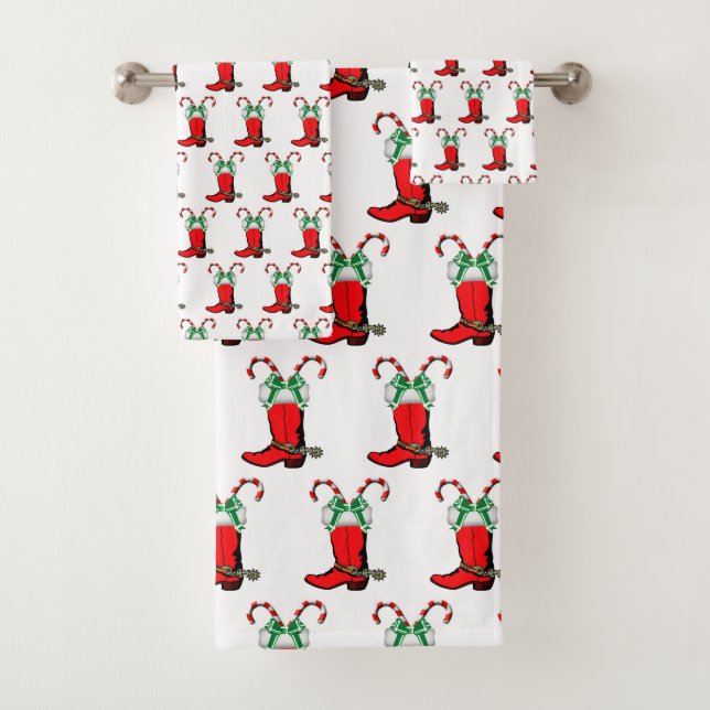 Western Christmas Cowboy Boot With Candy Canes   Bath Towel Set (Insitu)