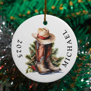 Western Christmas Cowboy Boots Hat Name Ceramic Tree Decoration