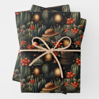 Western Christmas Cowboy Cactus Moody Wrapping Paper Sheet