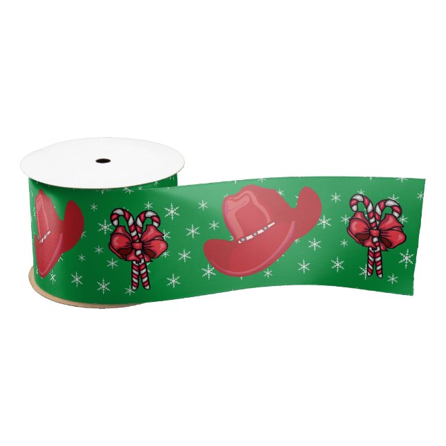 Western Christmas Cowboy Hats And Candy Canes 3 Satin Ribbon (Spool)