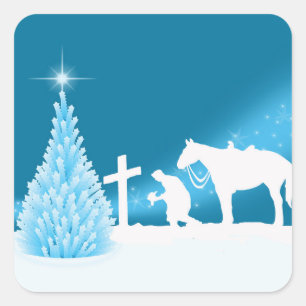 Western Christmas Cowboy Praying Winter Scene Square Sticker