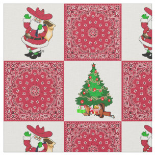 Western Christmas Cowboy Santa and Red Bandanna Fabric