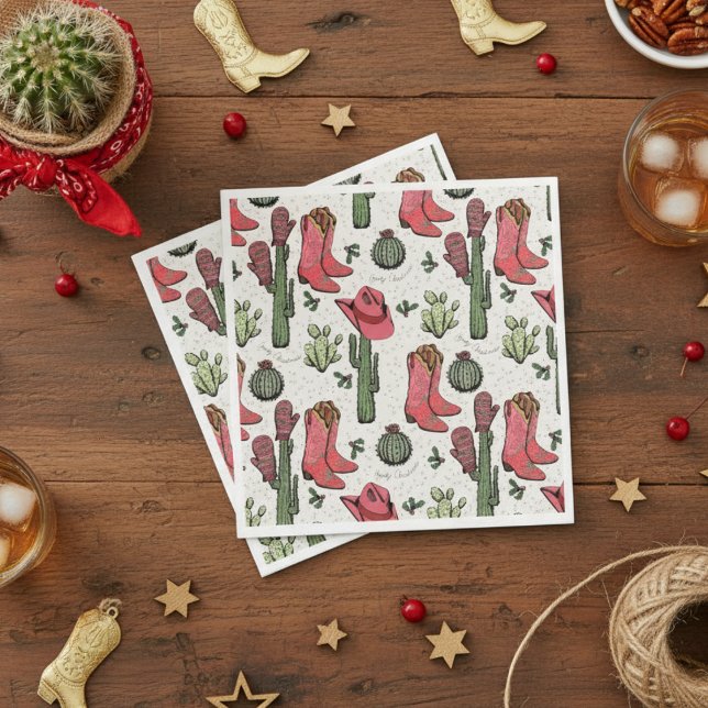 Western Christmas Cowgirl Boots Howdy Christmas Napkin (Western Howdy Christmas Ivory Paper Napkins. Pink & Red Xmas Cowgirl Boots, Succulents, Cacti)