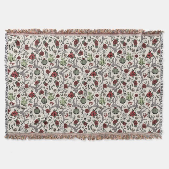 Western Christmas Deer Skulls Antlers and Cactus Throw Blanket (Front)