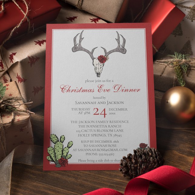 Western Christmas Dinner Reindeer Antlers & Cactus Invitation (Western Christmas Eve Dinner Party Invites. Hand-Drawn Reindeer Skull, Antlers, RedRoses & Cacti.)