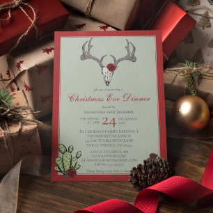 Western Christmas Dinner Reindeer Antlers & Cactus Invitation