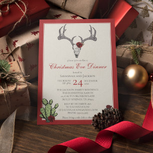 Western Christmas Dinner Reindeer Antlers & Cactus Invitation