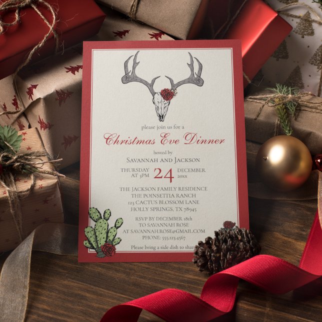 Western Christmas Dinner Reindeer Antlers & Cactus Invitation (Western Christmas Eve Dinner Party Invites. Hand-Drawn Reindeer Skull, Antlers, RedRoses & Cacti.)