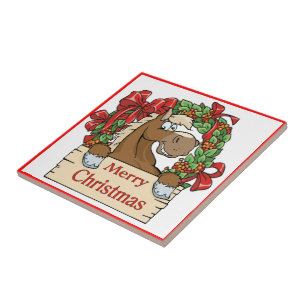 Western Christmas Horse With Wreath Sign Tile