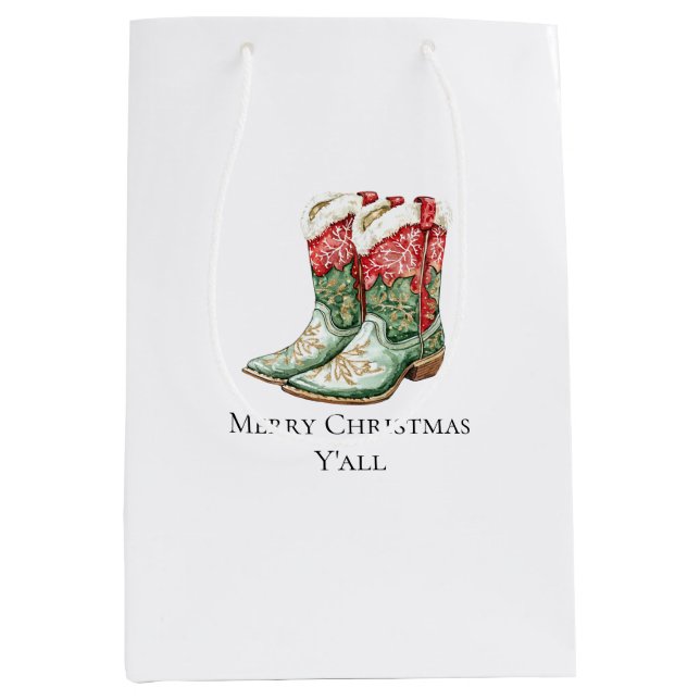 Western Christmas Red Cowboy Cowgirl Boots Medium Gift Bag (Front)
