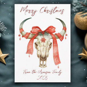 Western Christmas Red Ribbon Cattle Skull Holiday Postcard