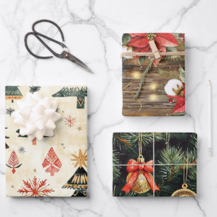 Western Christmas Tree Branches Poinsettia Floral Wrapping Paper Sheet