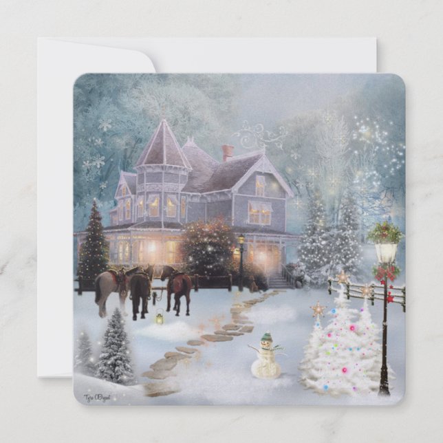 Western Christmas Winter Cottage Scene Holiday Card (Front)