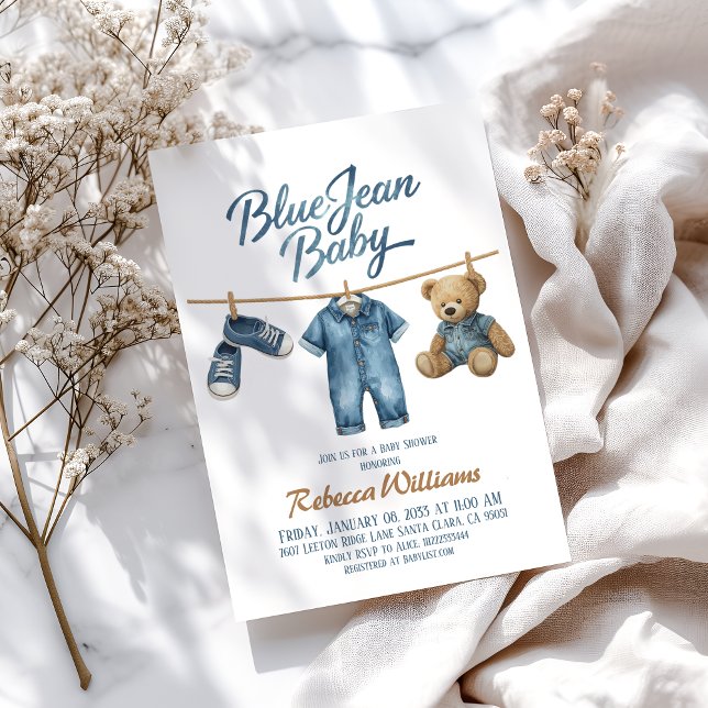 Western Clothesline Denim Blue Jean Baby Shower Invitation (Creator Uploaded)