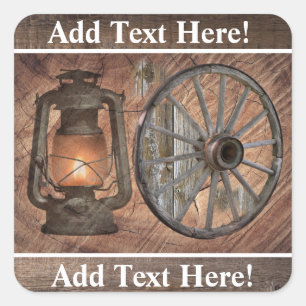 Western Coal Oil Lamp And Wagon Wheel Square Sticker