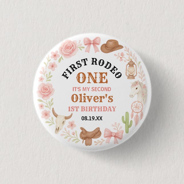 Western Coquette Cowgirl 1st Birthday Cute Pink 3 Cm Round Badge (Front)
