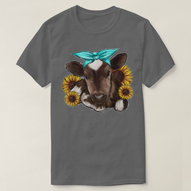Western Country Baby Cow Calf With Sunflower Cow F T-Shirt (Design Front)