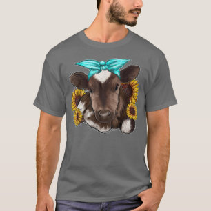 Western Country Baby Cow Calf With Sunflower Cow F T-Shirt