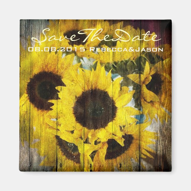western country barn wood yellow sunflower wedding magnet (Front)