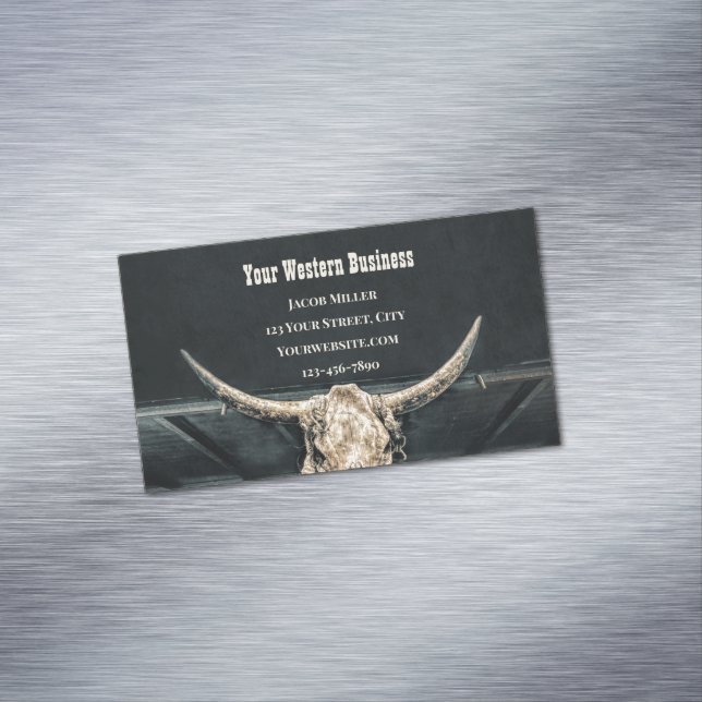Western Country Beige Grey Rustic Bull Cow Skull Magnetic Business Card (In Situ)