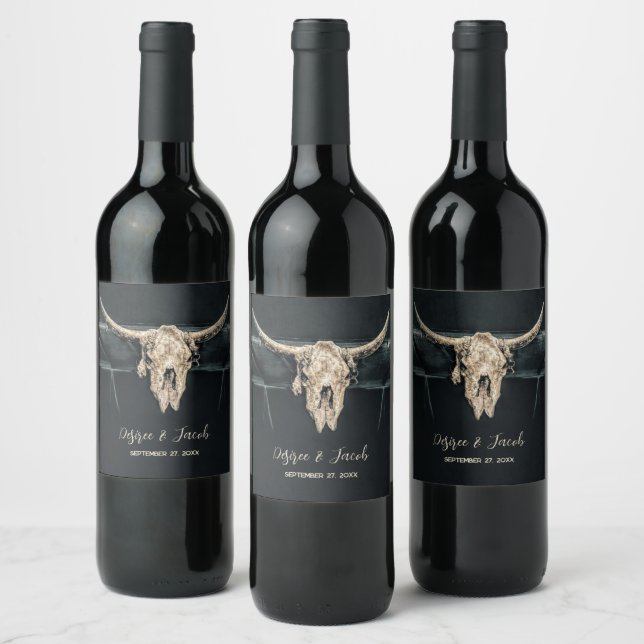 Western Country Beige Grey Rustic Bull Cow Skull Wine Label (Bottles)
