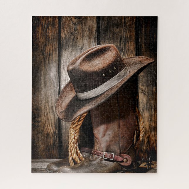 western country brown barn wood cowboy boots jigsaw puzzle (Vertical)