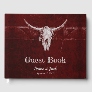 Western Country Burgundy Rustic Bull Skull Texture Guest Book