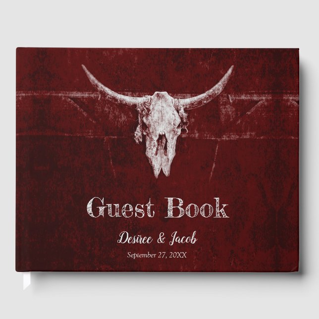 Western Country Burgundy Rustic Bull Skull Texture Guest Book (Front)